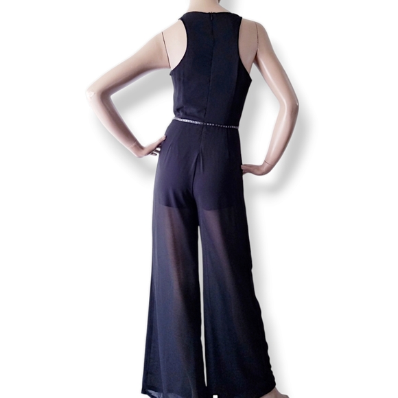Mod Modele Black Chiffon Studded Belted Jumpsuit Size Small - Picture 7 of 9